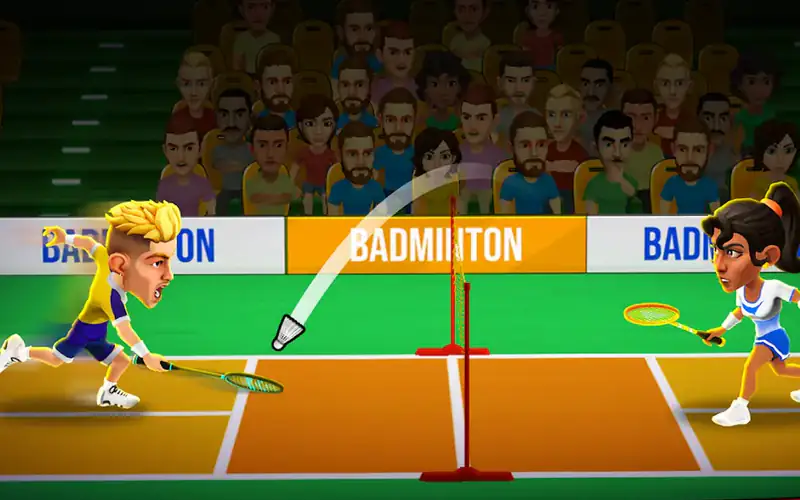 Badminton Clash 3D: dois jogadores caricaturados de cada lado da rede, com o volante no ar