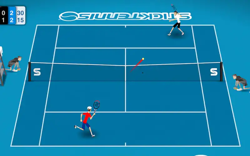 Stick Tennis: court azul visto de cima, com dois jogadores desenhados em traço simples